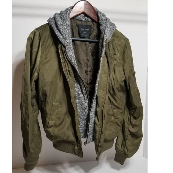 Olive green bomber jacket, double zipper, with hoodie - Love Tree Med - Picture 2 of 8